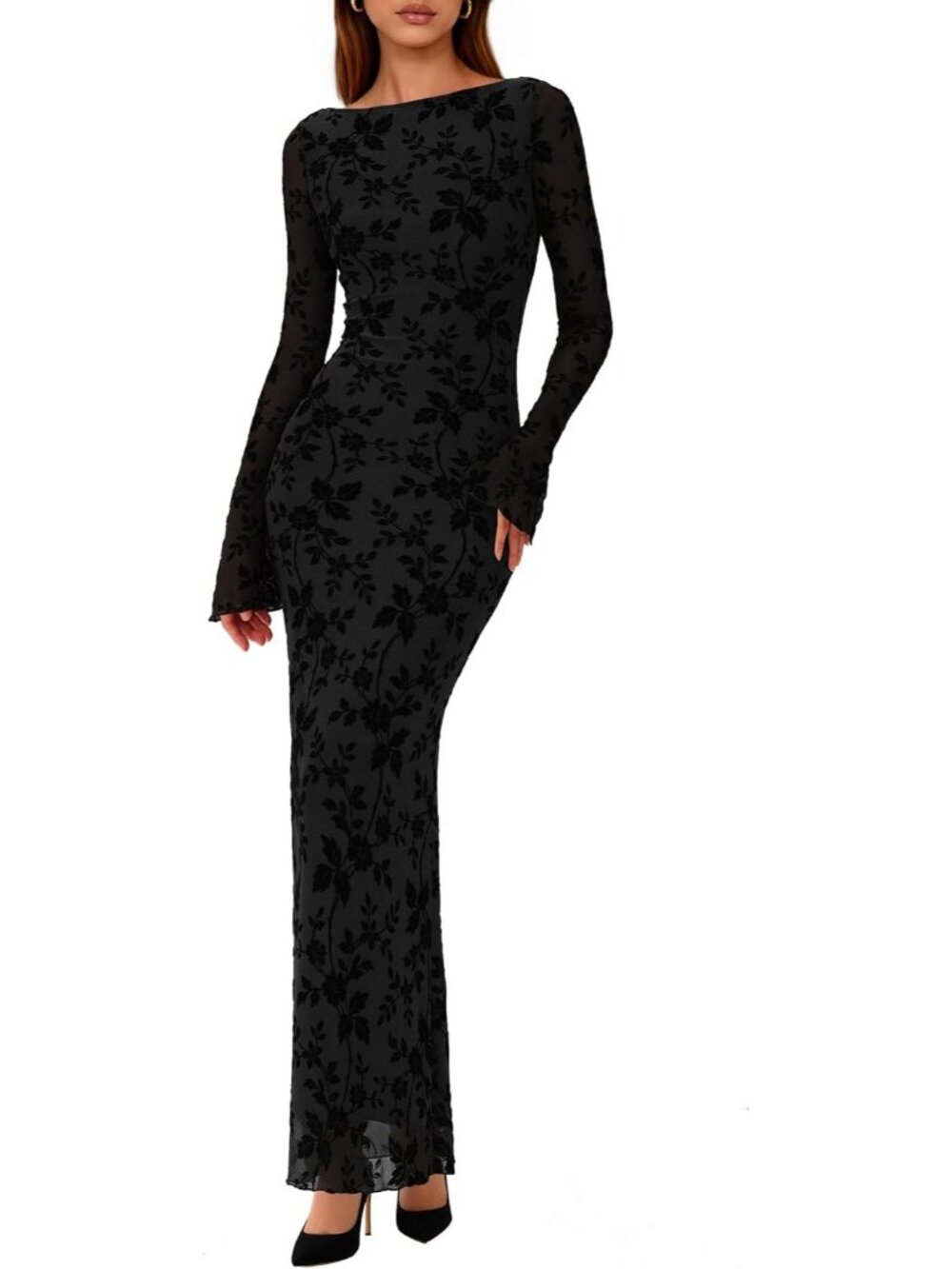Women's Black Slim Fitted Boat Neck Long Sleeves Floral Bodycon Maxi Dresses